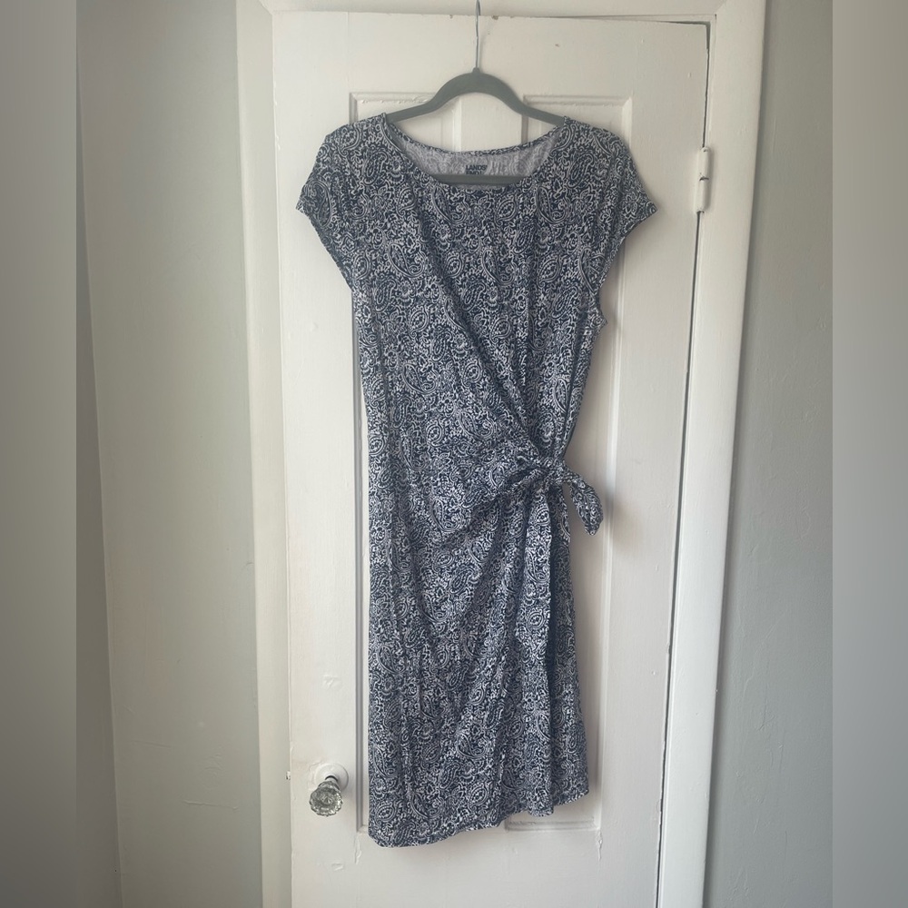 Lands' End Knee Length Wrap Dress Short Sleeve Navy Blue Paisley Large 14-16
